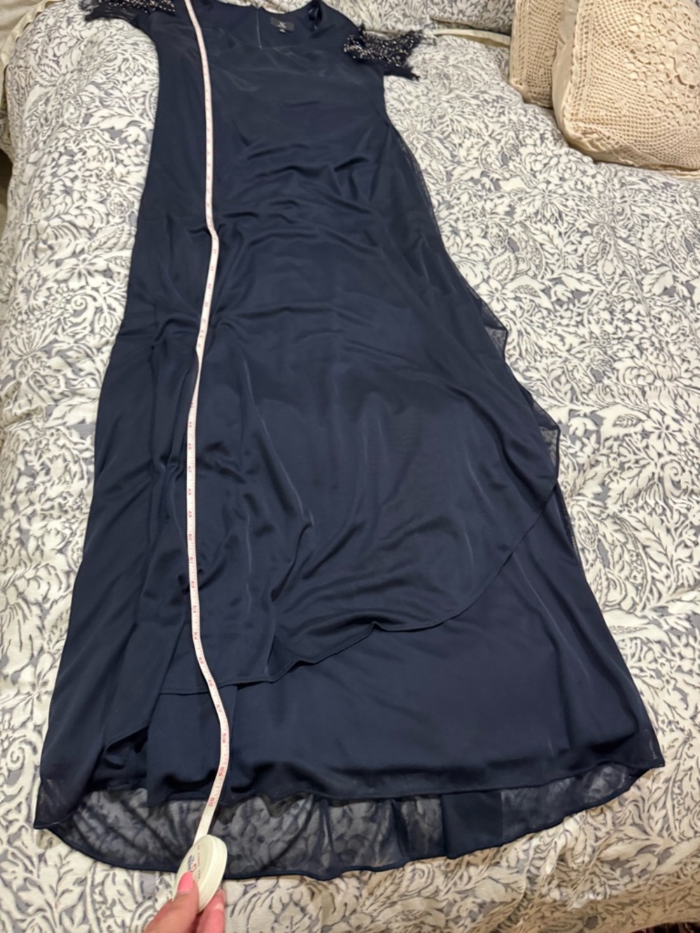 Xscape Dark Navy V-Neck Maxi Dress with Beaded Fringe Sleeves size 14 - Picture 12 of 16
